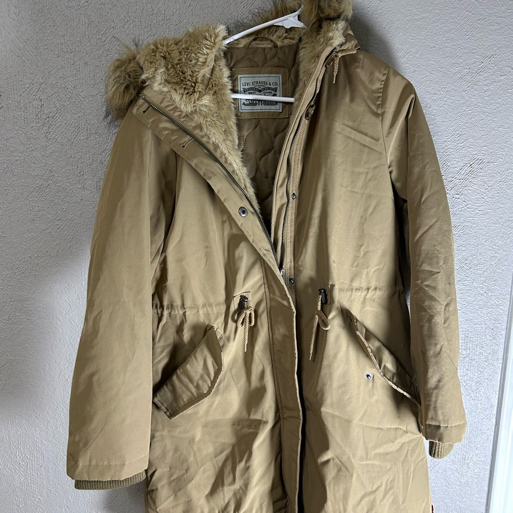 Levi's Tan Puffer Jacket with Faux Fur Hood